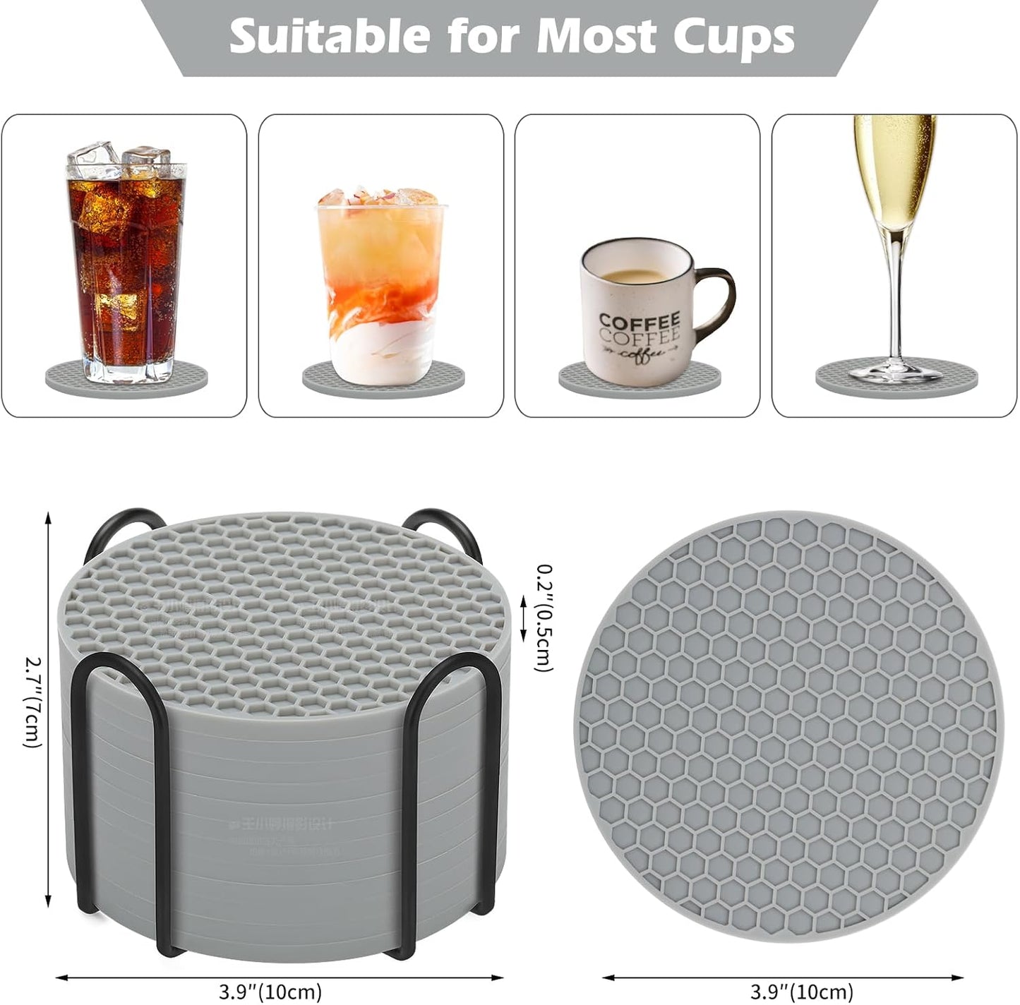 TWTLi Silicone Coasters Set of 8 with Holder,Coasters for Drinks,Beer,Coffee Coasters,Suitable for Kinds Cups,Hot or Cold,Anti-SLI,Non-Stick,Anti-Overflow Tabletop Protection and Decor (8 Pcs, Black)
