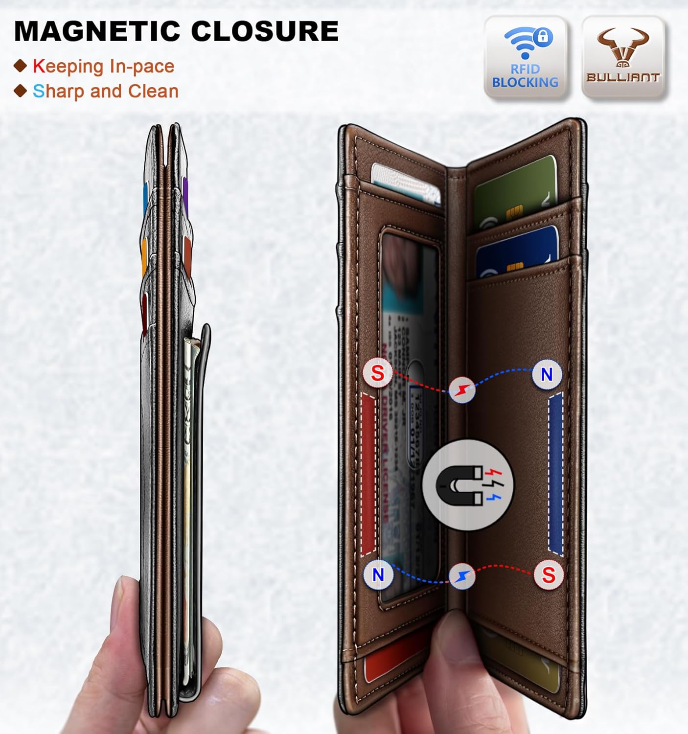 BULLIANT Men Airtag Wallet,Slim Wallet Money Clip Card Holder Magnetic Closure 12 Cards in Front Pocket RFID Blocking