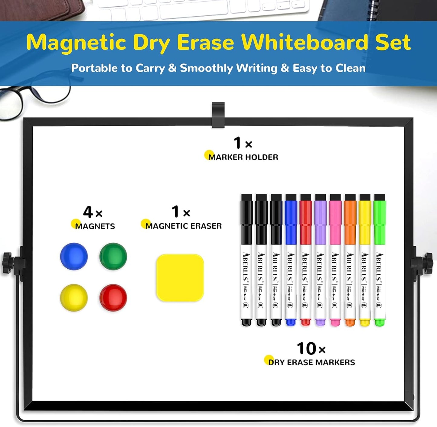 Dry Erase White Board, 16inX12in Large Magnetic Desktop Whiteboard with Stand, 10 Markers, 4 Magnets, 1 Eraser, Portable Double-Sided White Board Easel for Memo to Do List Desk Office