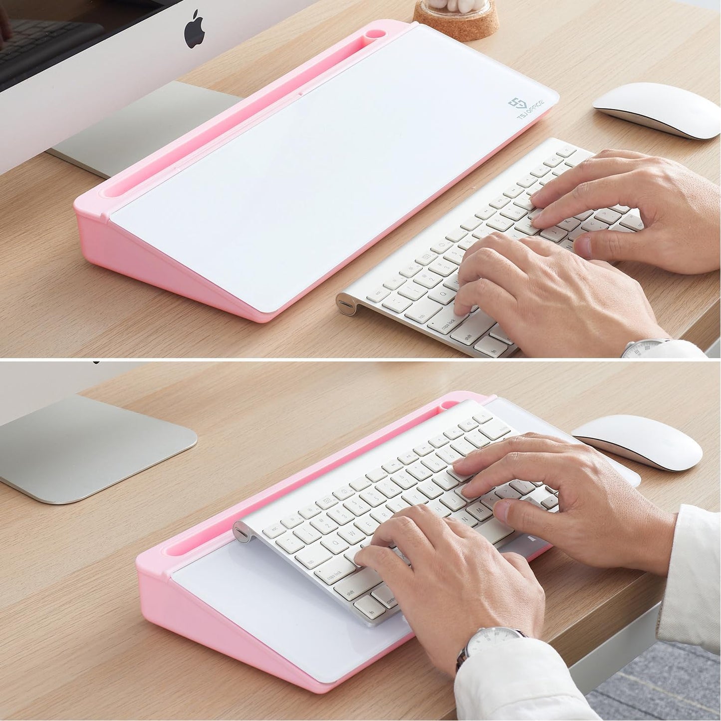 TSJ OFFICE Small Desktop Whiteboard -Glass Dry Erase Board Computer Keyboard Stand White Board Surface Pad with Drawer, Desk Organizers with Accessories for Office, Home, School Supplies - White