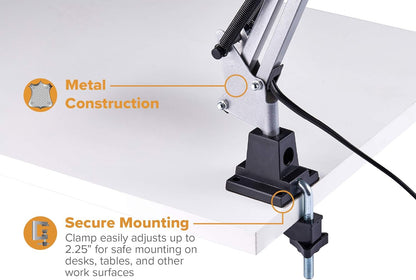 Bostitch Office VLF100 LED Swing Arm Desk Lamp with Clamp Mount, 36" Reach, Includes LED Bulb,Black