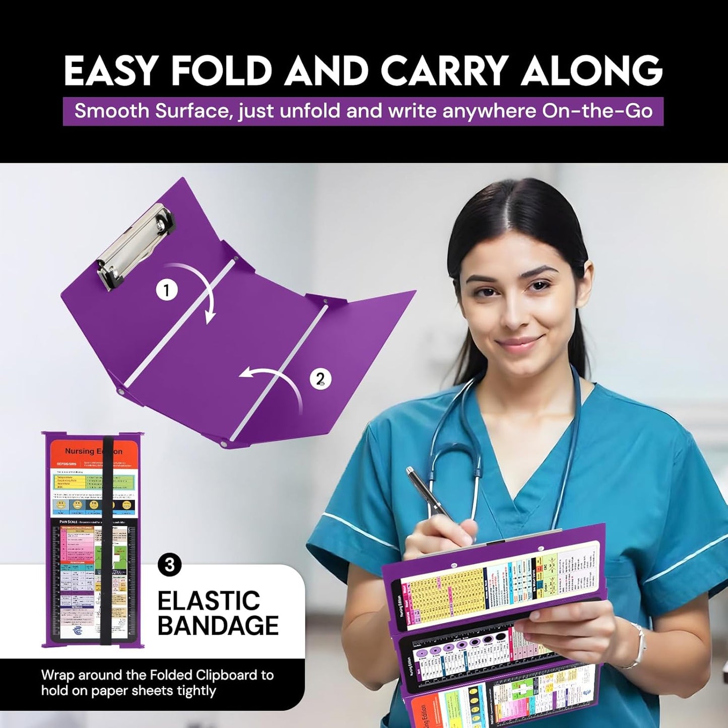 Nursing Clipboard Foldable with Medical Edition Cheat Sheets, 3 Layers Aluminum Foldable Clipboard for Nursing, Notepad for Students, Nursing School Essentials (Black)
