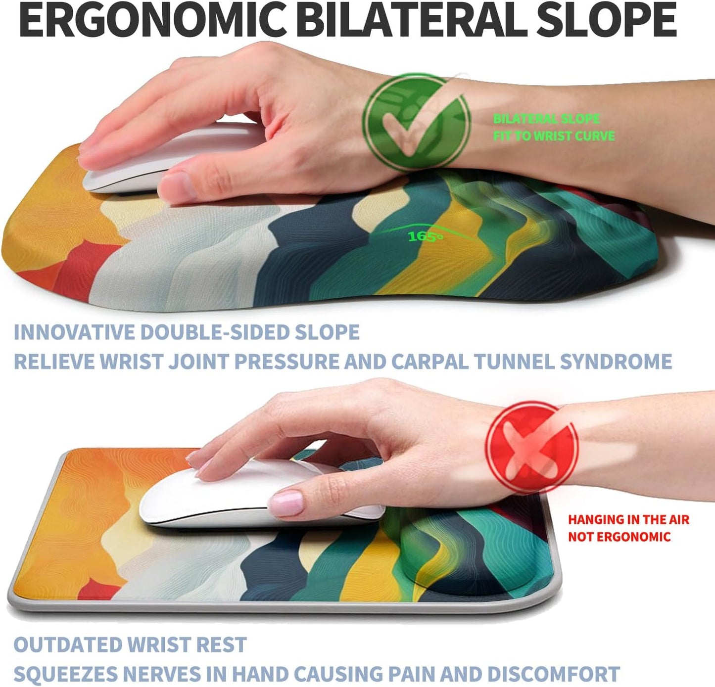 Ergonomic Raised Mouse Pad Wrist Support with Bilateral Slope Memory Foam Mousepad for Wrist Rest and Carpal Tunnel Pain Relief 11.8x7.9〃 Black
