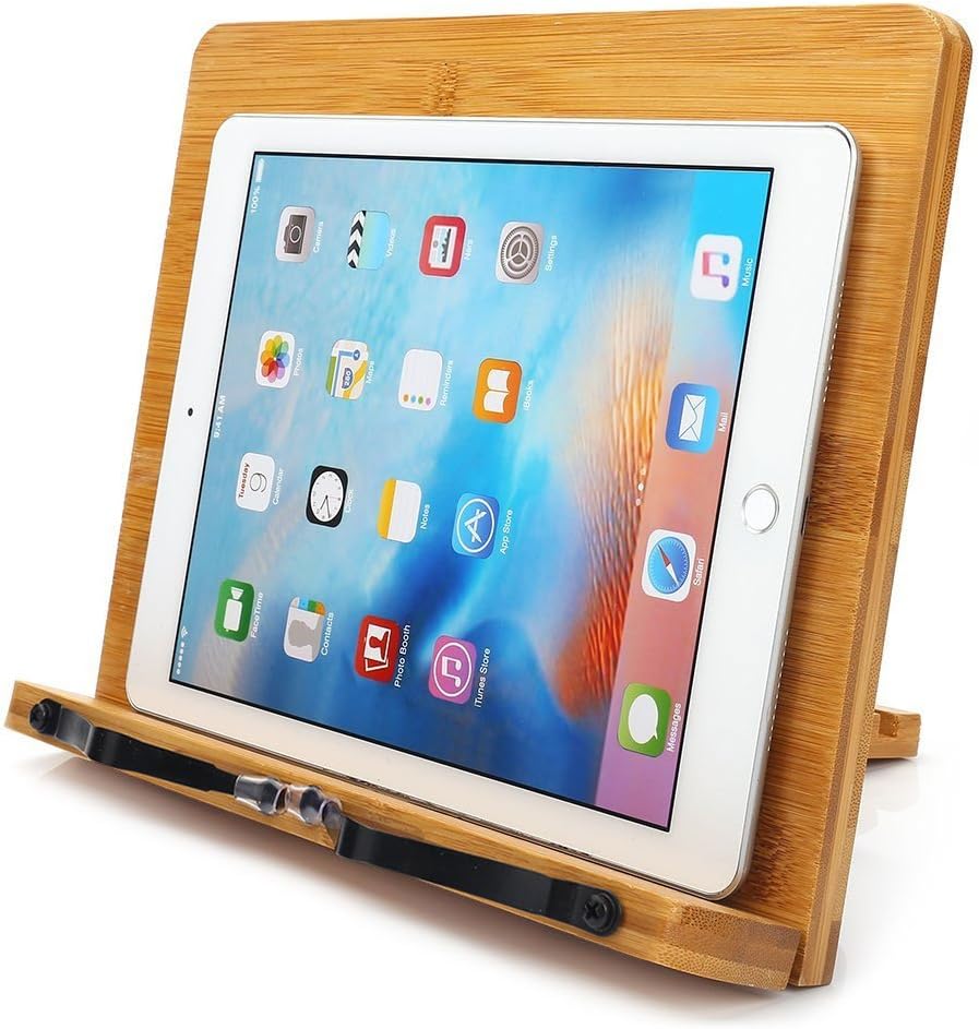 wishacc Bamboo Book Stand, Adjustable Book Holder Tray and Page Paper Clips-Cookbook Reading Desk Portable Stable Hard-Wearing Lightweight Bookstand-Textbooks Books