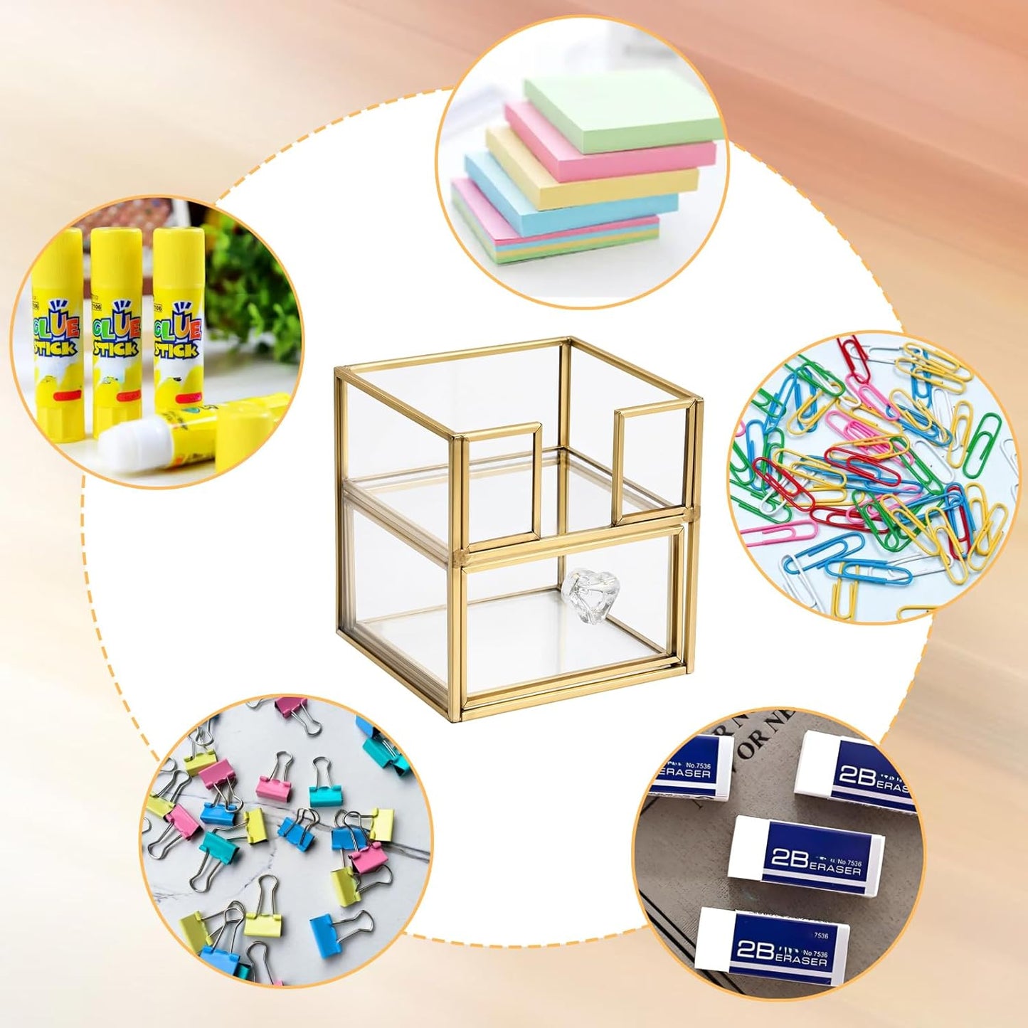 BTSKY Golden Glass Sticky Note Holder for 3x3 Inch Sticky Notes, Elegant Post It Note Dispenser with Non-Slip Pads Clear Notepad Holder for Desk Organization Planning, Home Office Decor