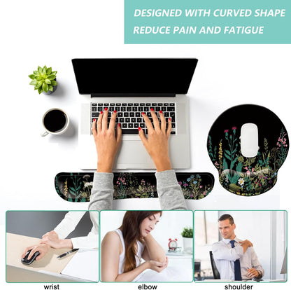 Keyboard Wrist Rest Pad Mouse Pad with Wrist Support Set of 3, Mousepad with Non-Slip Rubber Base, Ergonomic Memory Foam Mouse Wrist Cushion Support for Home Office Laptop Computer Gaming, Forest