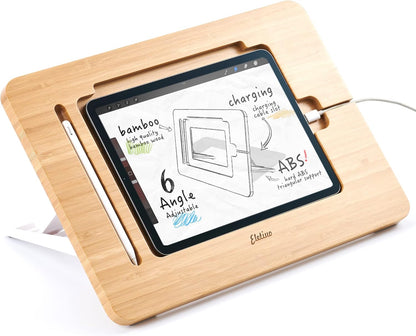 ELETIUO Adjustable Tablet Stand with Pencil&Charger Cable Slot,Bamboo Wooden Stand with Multiple Angles,Organizer Desktop Holder for Drawing,Compatible with ipads(Support to 9.7-11" Devices)