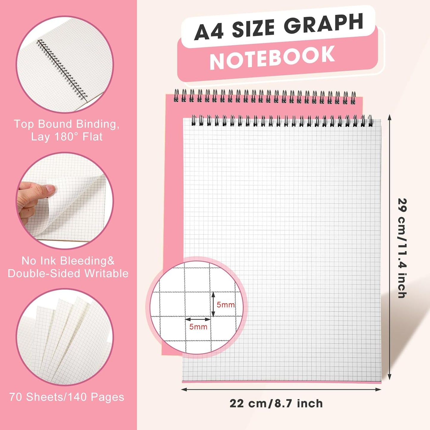 Engrowtic Top Spiral Graph Paper Notebooks 8.7 X11.4 Inch A4 Grid Paper Notepad 70 Sheet Memo Steno Pad for Engineering Writing Sketching Drawing School Office Supplies (1 Pack,Black)