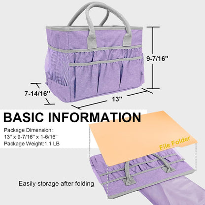 Cupohus Craft Organizer Tote Bag – Craft Caddy with 2 Mesh Side Pockets & Front Elastic Pockets, Foldable Large Capacity Supply Storage Bag for Sewing, Knitting, Painting, and Travel (Purple)