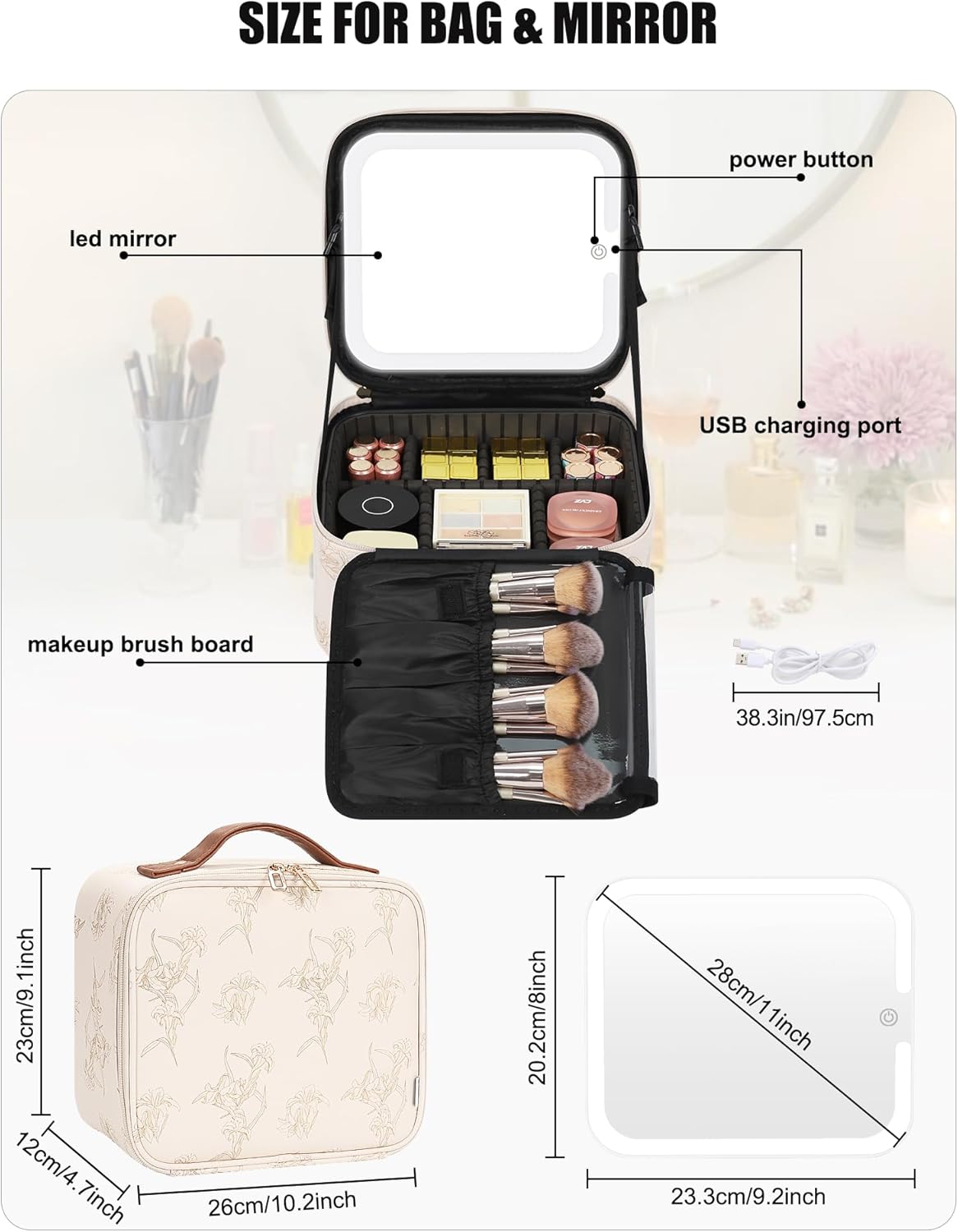 Relavel Travel Makeup Bag With LED Mirror, Cosmetic Train Case with Light up Mirror, Portable Makeup Artist Organizer Bag with Adjustable Dividers, Makeup Brush Holder Storage, Black