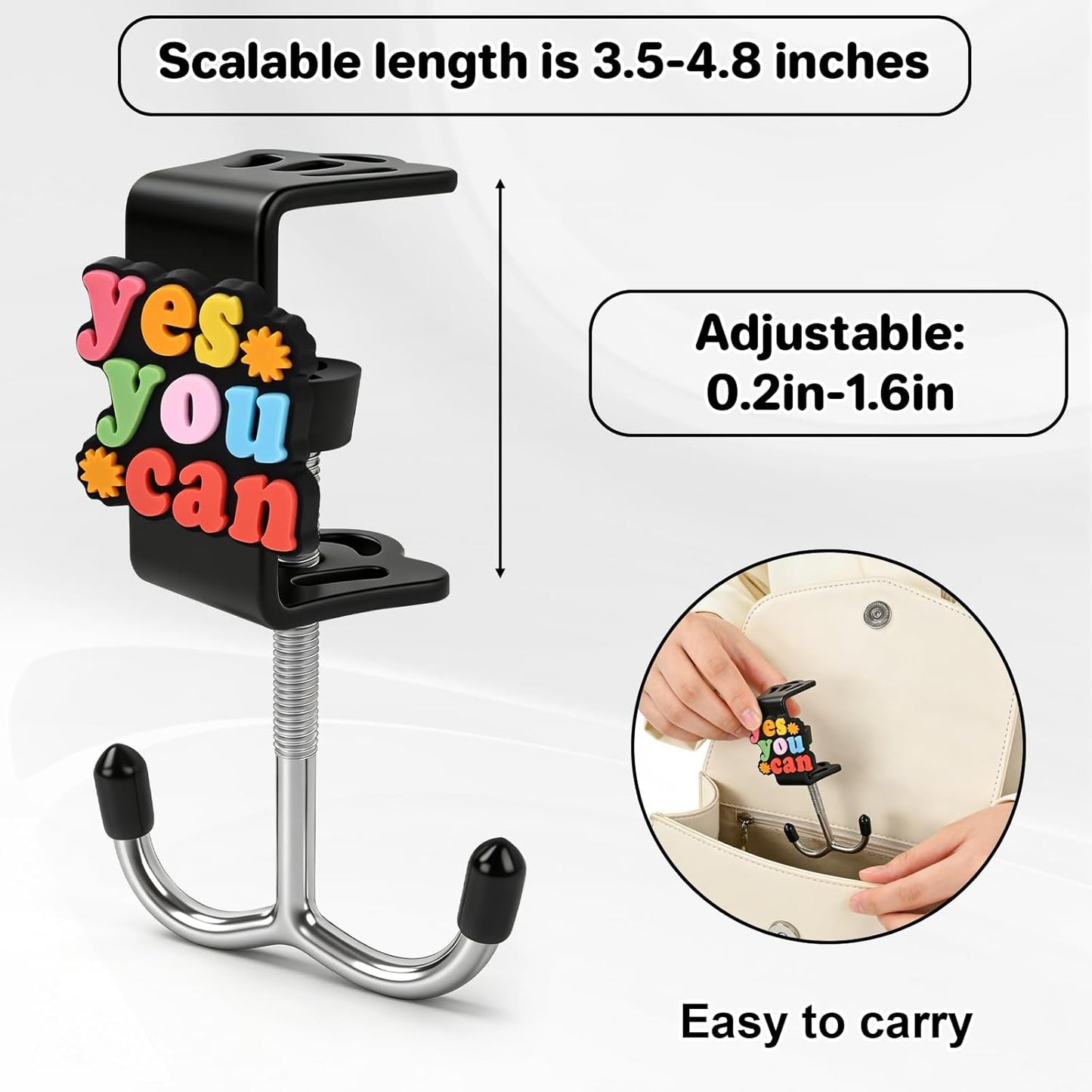 AULEEP 2 Pack Clamp-On Under Desk Bag Hook, Adjustable Purse Holder for Table with Cute DIY Stickers, 100 lbs Capacity Heavy-Duty Desk Organizer Hooks for Handbag, Backpack, Headphone, Black