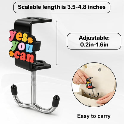 AULEEP 2 Pack Clamp-On Under Desk Bag Hook, Adjustable Purse Holder for Table with Cute DIY Stickers, 100 lbs Capacity Heavy-Duty Desk Organizer Hooks for Handbag, Backpack, Headphone, Black