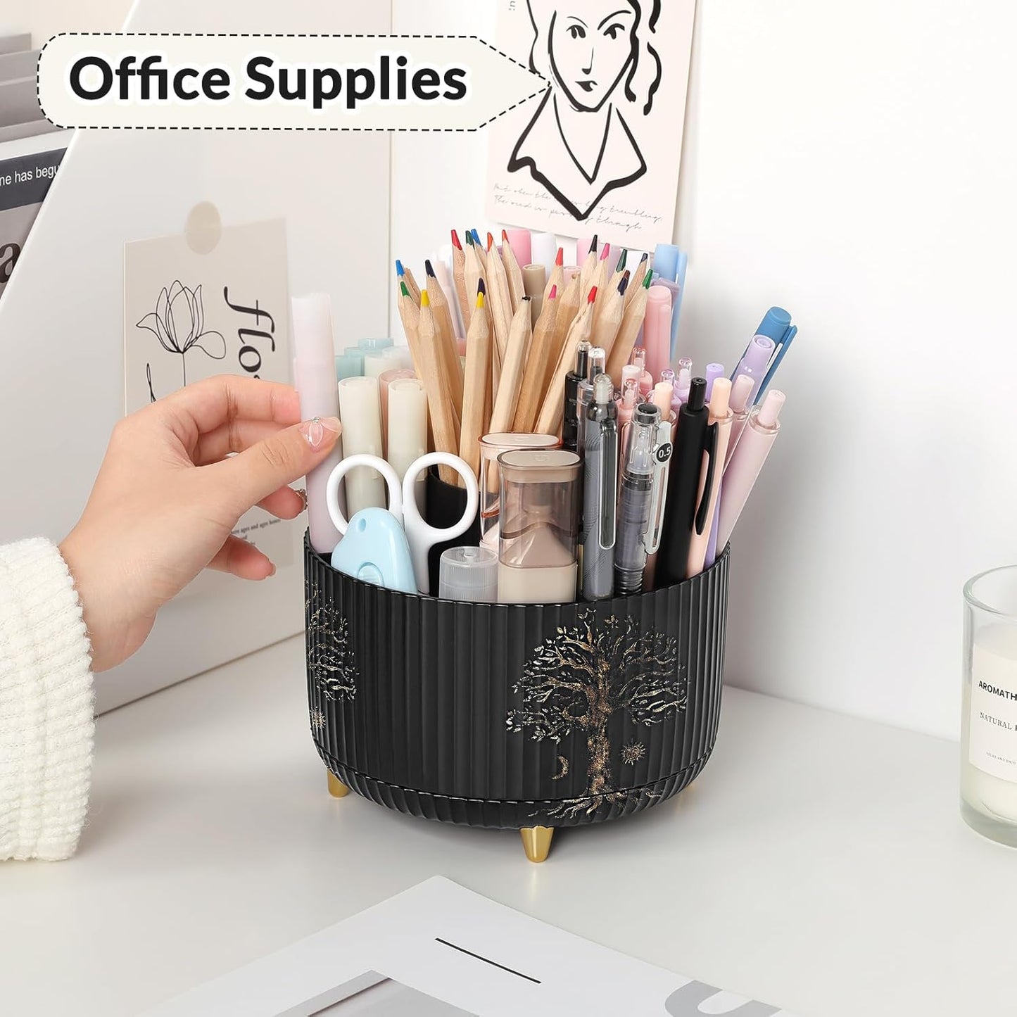 SKYDUE 360 Rotating Plastic Desk Pen Organizer with 5 Slots, Dual-Purpose Art Supply Pencil Cup for Office, School, Home