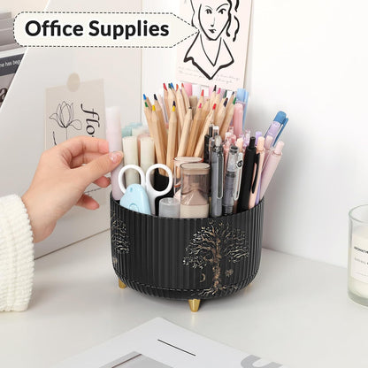 SKYDUE 360 Rotating Plastic Desk Pen Organizer with 5 Slots, Dual-Purpose Art Supply Pencil Cup for Office, School, Home