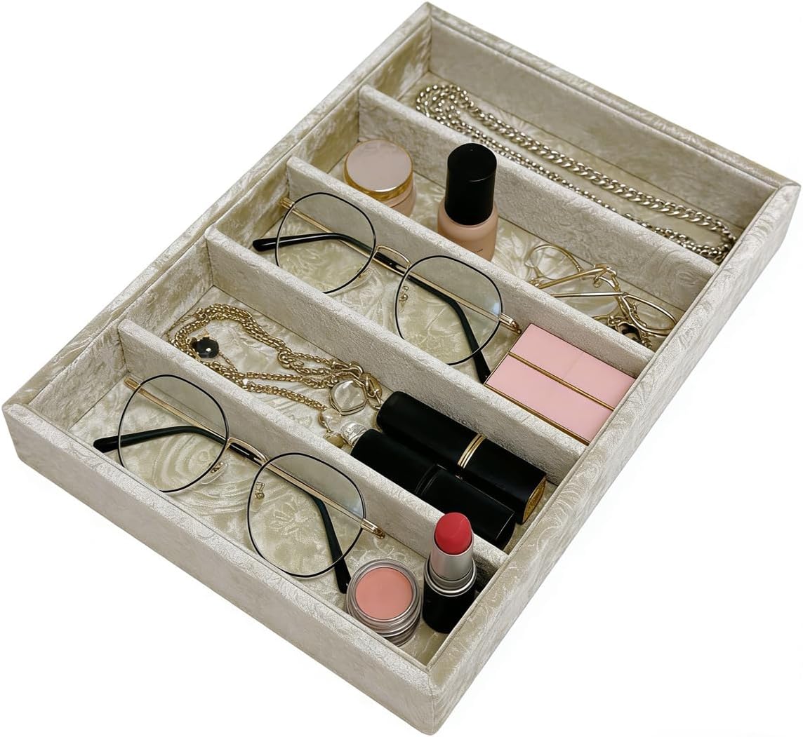 AgentMoon 5-Compartment Velvet Sunglasses & Jewelry Organizer Tray – Adjustable Dividers, Sturdy Wood, Non-Slip Storage for Watches, Glasses, Bracelets, Desk or Drawer.(Tabby Red)