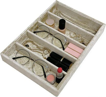 AgentMoon 5-Compartment Velvet Sunglasses & Jewelry Organizer Tray – Adjustable Dividers, Sturdy Wood, Non-Slip Storage for Watches, Glasses, Bracelets, Desk or Drawer.(Tabby Red)