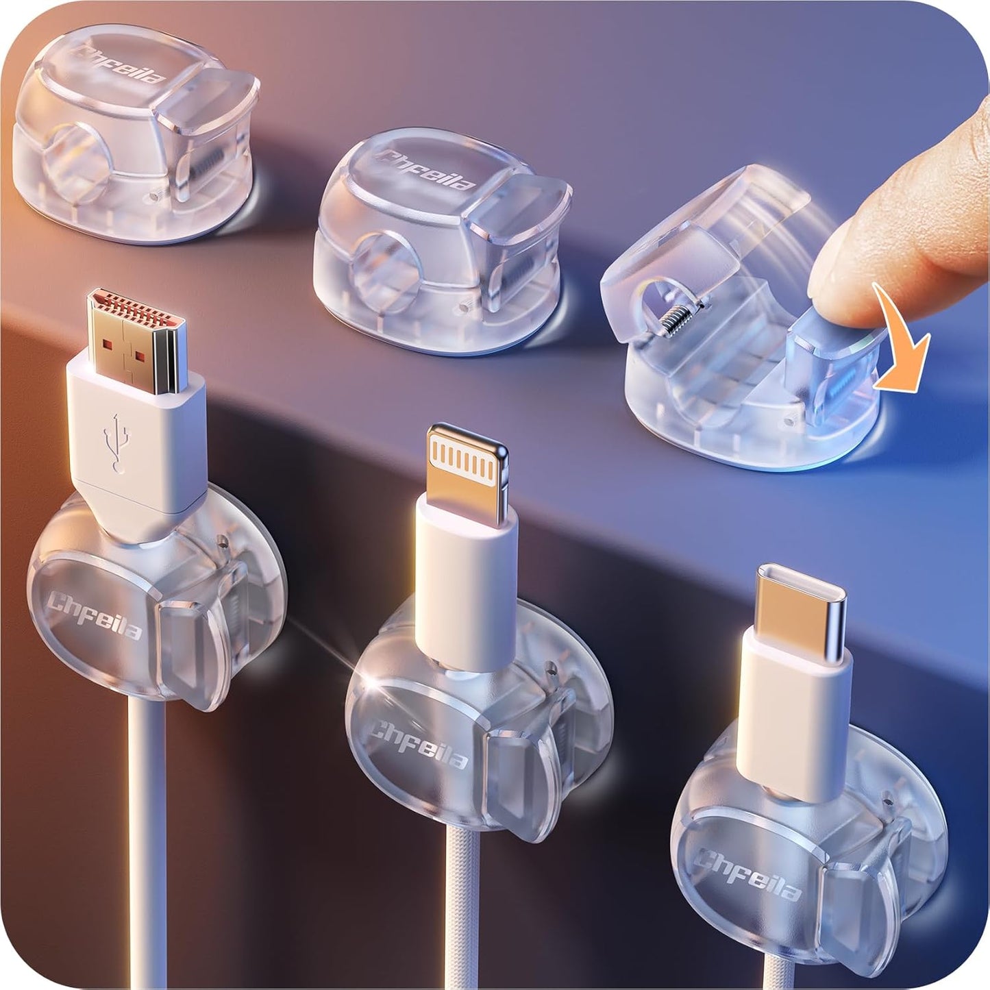 Chfeila 8 Pack Cable Clips [Dual Spring & Clasp] Cable Management, Max Secure Adhesive Cord Organizer, Cord Holder for Nightstand, School Office, College Dorm Essentials, Desk Accessories & Decor