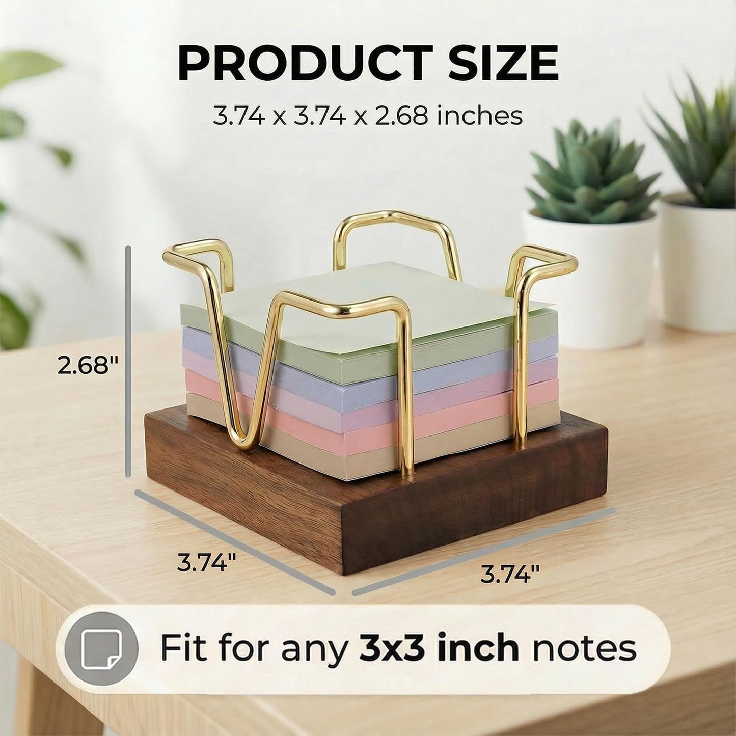 Wood Sticky Note Holder, 3 x 3 inch Self-Stick Note Memo Pad Holder for Desk, Notepad Dispenser for School Office, Gold
