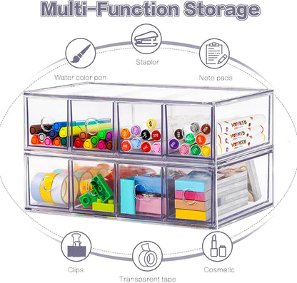 Desk Organizer with 8 Drawers, FODIENS 2 Packs Stackable Desktop Storage Box with Removable Drawer, Clear Sunglasses Organizer Display Case for Stationery Marker Pens Eyeglasses Office Supply
