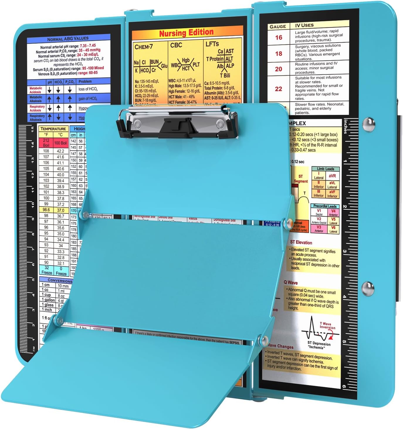 Nursing Clipboard Foldable, Foldable Clipboard w/Nursing Edition Cheat Charts,3 Layers Aluminum, Nurse Clip Board w/Low Profile Clip&Pen Clip Pocket for Nurses and Doctors,Light Blue