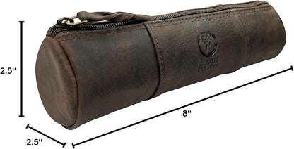 Rustic Town Leather Pencil Case - Full Grain Leather Zippered Pen Pouch - Stationery Bag Pen Holder for Work & Office