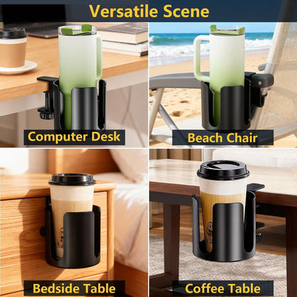 Desk Cup Holder Clip On 360° Rotating Clamp,Deeper Anti-Spill Drink Holders for Water Bottles & Coffee Mugs,Adjustable Clamp Fits Screw On Table for Drinks,Office,Gaming Desk,Home,Black