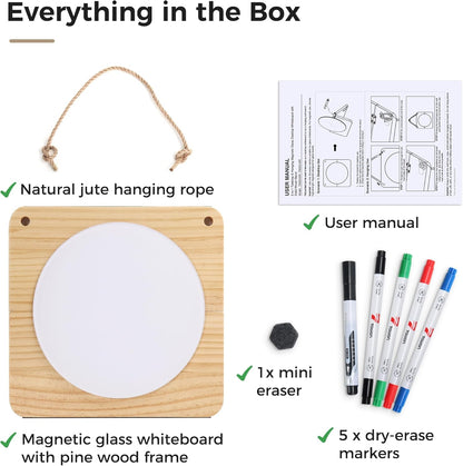 Magnetic Glass Desktop Whiteboard with Solid Wood Stand, Adjustable Foldable Mini Dry Erase Board, 2-in-1 Tabletop & Hanging Glassboard with Rustic Rope, Reusable Home Office School, Black and Square