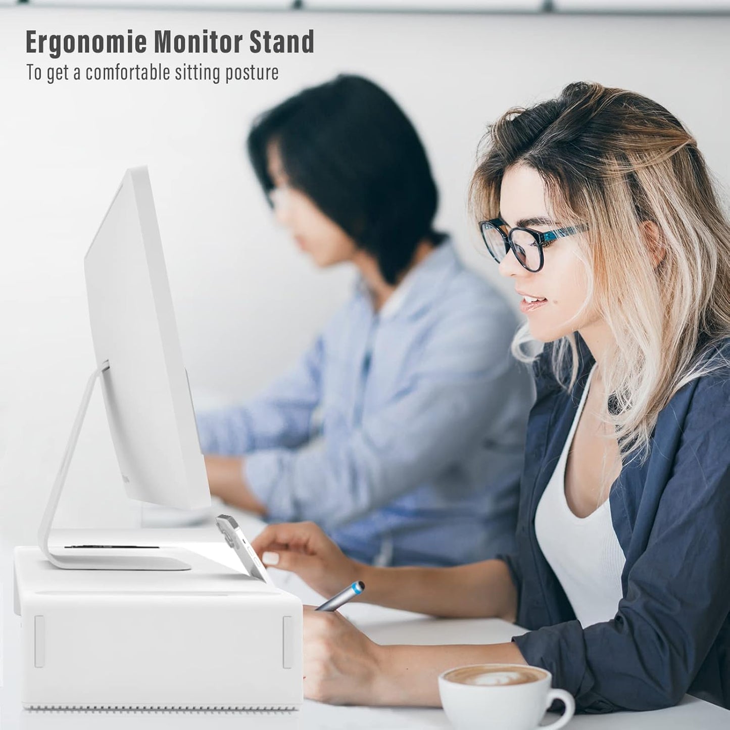 OImaster Adjustable Monitor Stand Riser with Drawer - Foldable Computer Stand for Desk, Desktop Organizer with Phone Holder & Pen Slot, Space Saving Laptop Riser for Home Office, Black