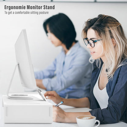 OImaster Adjustable Monitor Stand Riser with Drawer - Foldable Computer Stand for Desk, Desktop Organizer with Phone Holder & Pen Slot, Space Saving Laptop Riser for Home Office, Black