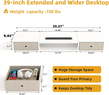 39 Inch Dual Monitor Stand Riser with 2 Drawers - Large White Wooden Computer Stand for 2 Monitors, Ergonomic Desk Organizer with Phone Holder, Desktop Storage for Laptop, Office Supplies, Home Office
