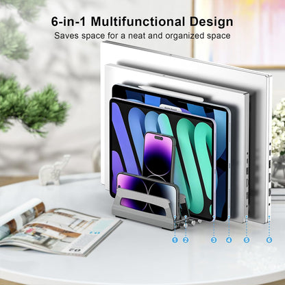 Elestoria 10-Slot Vertical Laptop Stand & Holder – Adjustable Aluminum Laptop Stand Vertical for Desk Fits 10 Devices, MacBook & Gaming Laptops (Up to 17.3”) – Space Saving Laptop Storage Rack - Grey