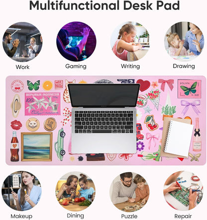 Pink Desk Mat, Leather Desk Pad Blotter Protector, XXL Large Mouse Pad,Computer Laptop Mouse Pads for Desktop,Waterproof Writing Anti-Slip Mousepad for Office and Home I Colorful Stickers