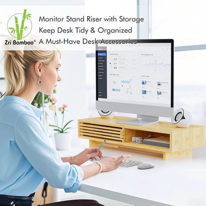 Zri Bamboo Computer Monitor Stand with Drawer, Dual Laptop Stand for Desk,Single Monitor Riser with Storage,Wood Office Desk Organizer & Accessories