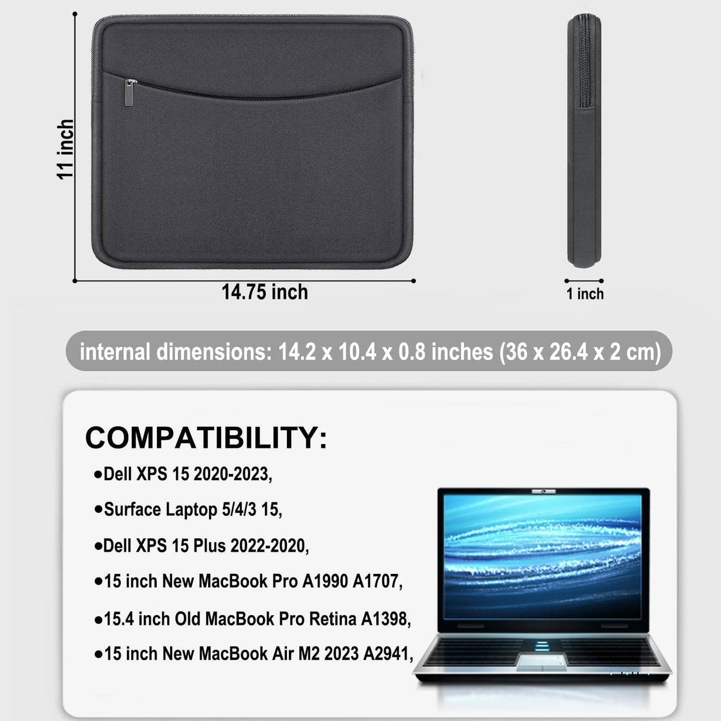 Laptop Sleeve Case 14 inch, Shockproof Protective Laptop Cover Briefcase Carrying Computer Bag with Accessory Pocket Portable Computer Sleeve for 14" MacBook, HP, Dell, Lenovo, Acer, Black