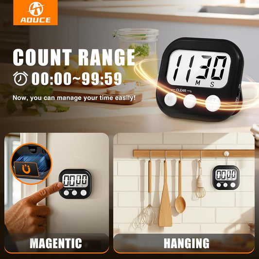 2 Pack Digital Kitchen Timer for Cooking Big Digits Loud Alarm Magnetic Backing Stand Cooking Timers for Baking White