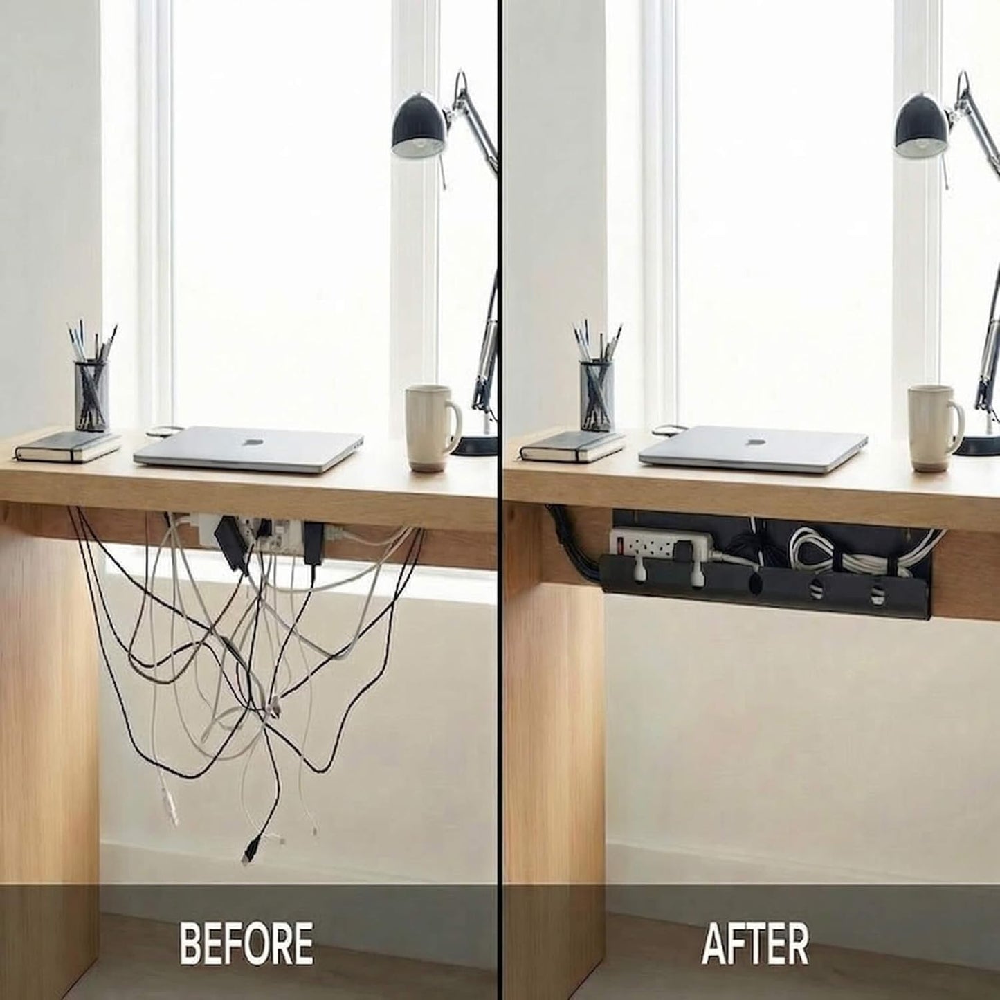 Ovanmexis Under Desk Cable Management Tray (2-Pack) with Quick-Release Mount - Snap-On Tool-Free, Includes Magnetic Cable Clips & Straps, No Drill Hidden Base for Home Office Standing Desk (Black)