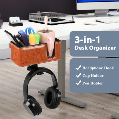 Desk Cup Holder Clip on Pen Holder Headphone Hanger Headset Stand Rotatable Clamp Hook Under Desk (Black)