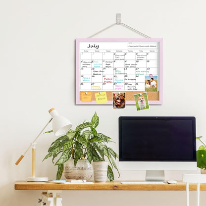 Calendar Whiteboard for Wall, TANKEE 17x13 Inches Whiteboard Calendar Cork Board Combo, Small Magnetic White Board with Wood Framed, Hanging Dry Erase Board for Kitchen Home Office School Planner