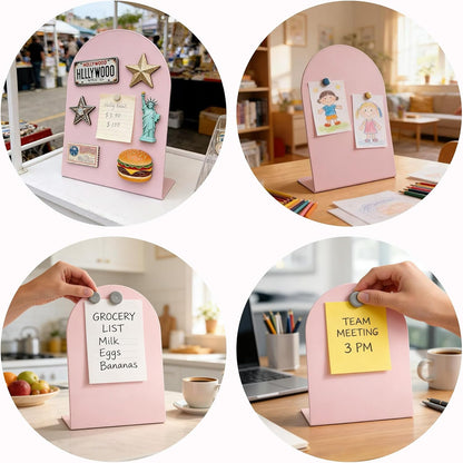 Pink Magnetic Board for Desk, 2 Pack 11×8 Inch Arch Metal Magnet Board with Stand, Memo & Photo Display, 10 Magnets Included, Desk Decor for Girls, Office & Dorm