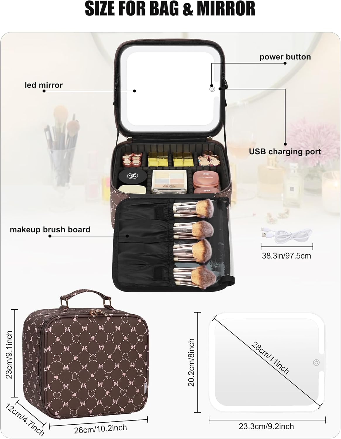 Relavel Travel Makeup Bag With LED Mirror, Cosmetic Train Case with Light up Mirror, Portable Makeup Artist Organizer Bag with Adjustable Dividers, Makeup Brush Holder Storage, Black