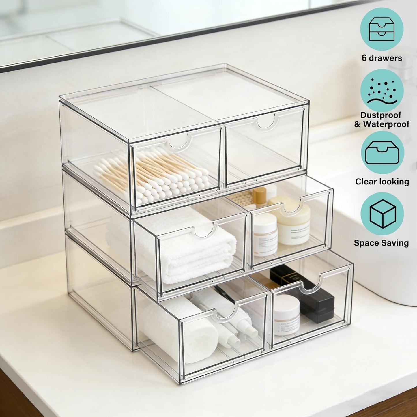 Prsildan Acrylic Drawer Makeup Organizer with 6 Drawers (Not for Baby Bottle), Set of 2 Office Desk Organizers Accessories, Clear Stackable Storage Drawers for Vanity, Craft (Largest Drawer 4" Tall)