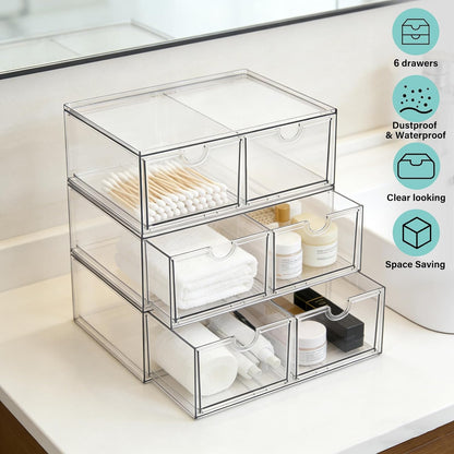 Prsildan Acrylic Drawer Makeup Organizer with 6 Drawers (Not for Baby Bottle), Set of 2 Office Desk Organizers Accessories, Clear Stackable Storage Drawers for Vanity, Craft (Largest Drawer 4" Tall)