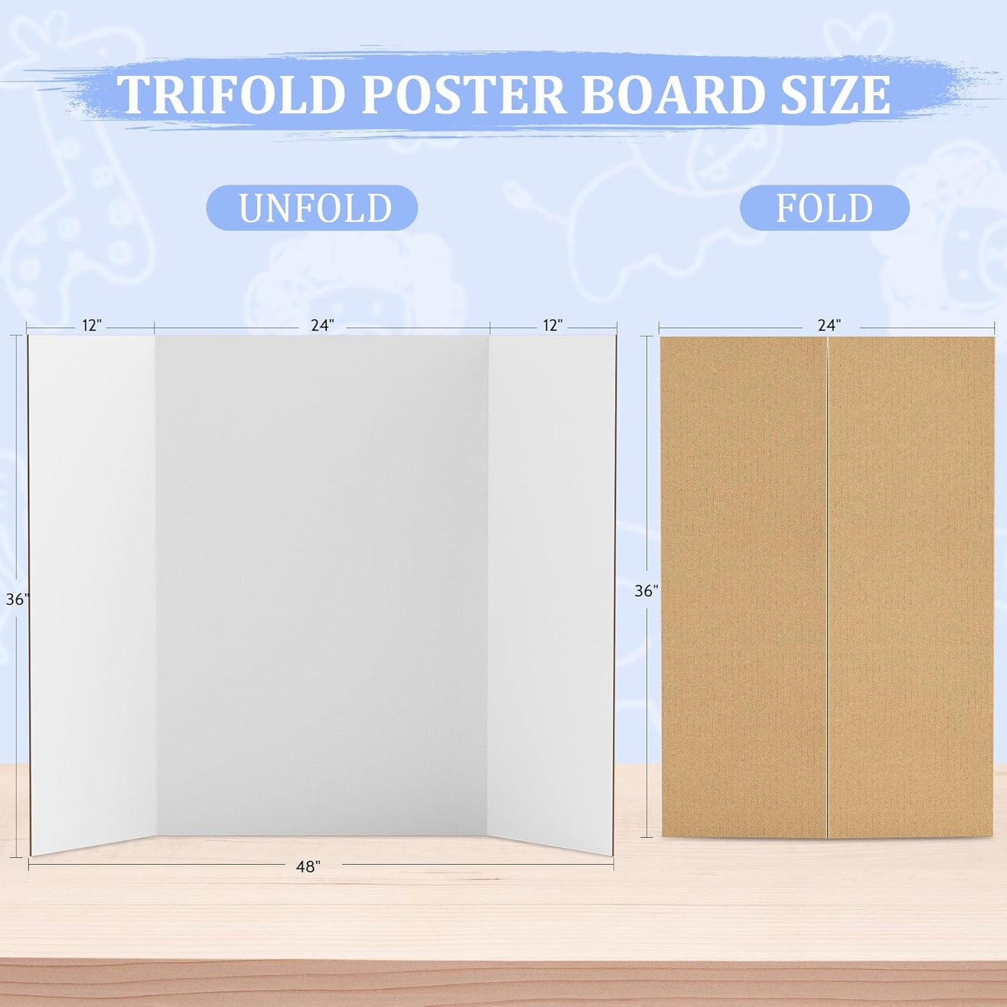 AKONEGE 2 Pack 36" x 48" Trifold Poster Board for Presentation, White Corrugated Cardboard Large Tri Fold Poster Board for Science Fair, Office & School Projects, Photo Displays, Exhibitions Event