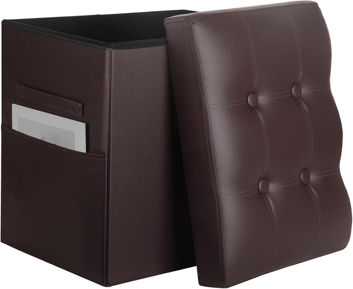 BelugaHelper Storage Ottoman Foot Rest Stool, Foldable Leather Footstool Storage Bench with Thicker Foam Padded Seat. Foot Rest Under Desk for Living Room Bedroom 350 lbs, 17x13x13 in, Brown