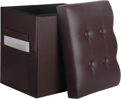 BelugaHelper Storage Ottoman Foot Rest Stool, Foldable Leather Footstool Storage Bench with Thicker Foam Padded Seat. Foot Rest Under Desk for Living Room Bedroom 350 lbs, 17x13x13 in, Brown