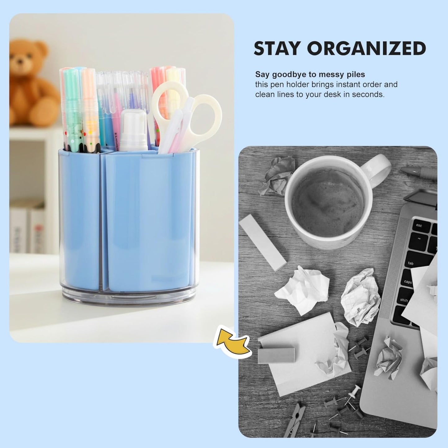 Comix 360° Rotating Pen Holder for Desk, Cute Pencil Holder Pen Organizer, Green Acrylic Pencil Cup Caddy with 5 Slots for Home School Office Supplies