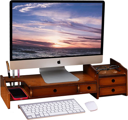 Sundale Outdoor WAYTRIM Bamboo Wood Monitor Stand Ergonomic Computer Riser with Storage Organizer Drawers Desktop Laptop Shelf Risers Cellphone Stand for Home and Office Use, Classic Antique Brown
