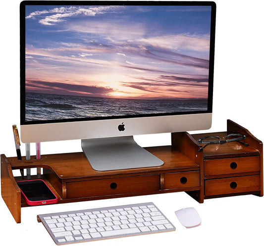 Sundale Outdoor WAYTRIM Bamboo Wood Monitor Stand Ergonomic Computer Riser with Storage Organizer Drawers Desktop Laptop Shelf Risers Cellphone Stand for Home and Office Use, Classic Antique Brown