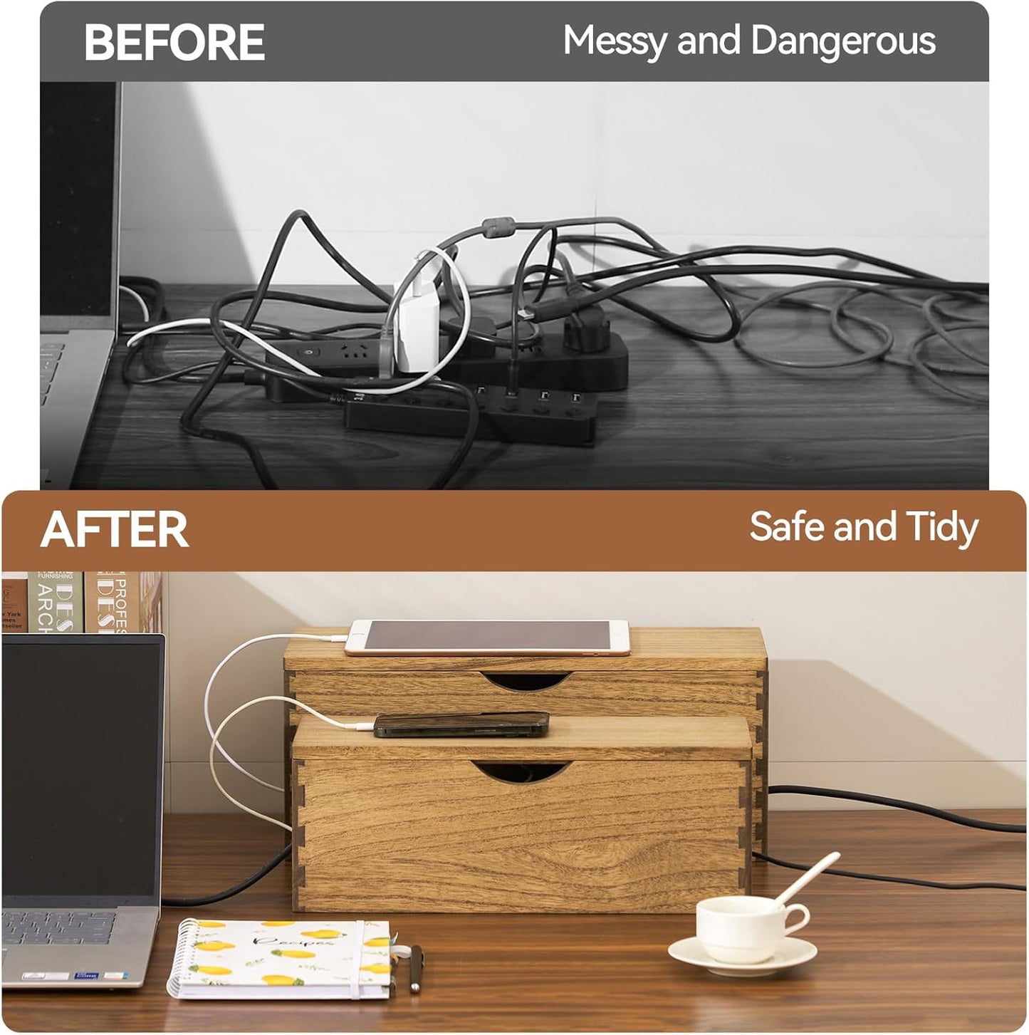 KIRIGEN Wooden Cable Management Box Set of 2 - Solid Wood Large & Small Cord Organizer Hides Power Strips, Chargers & Wires for Desk, TV Stand, Home Office DXH2T-NA