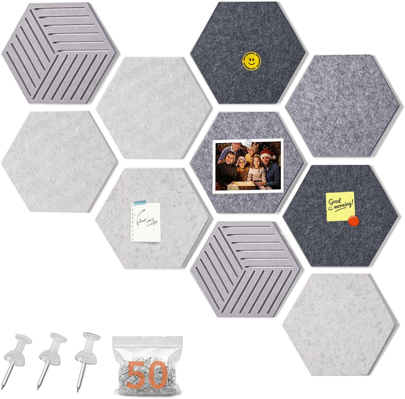 FOCHIER F 10PCS Hexagon Cork Boards for Walls Decor,12"*10.2" Felt Bulletin Board Tiles Sets for Home Office Class Kitchen with 50 Push Pins,Self Adhesive DIY Pin Board for Photos Memos